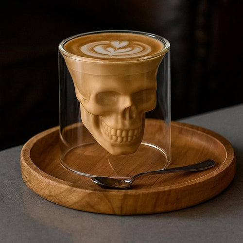 Verre au crâne double paroi rempli de café, sur un plateau en bois